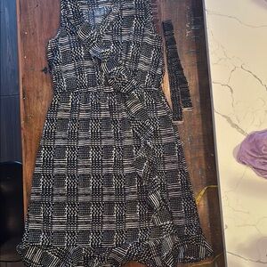 Navy Blue and White Faux Wrap Sleeveless Dress - Ruffle Detail